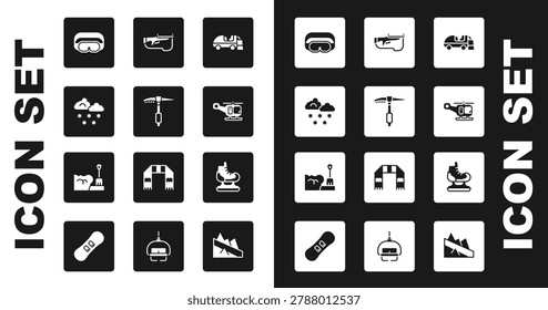 Set Ice resurfacer, axe, Cloud with snow, Ski goggles, Rescue helicopter, Biathlon rifle, Skates and Shovel in snowdrift icon. Vector