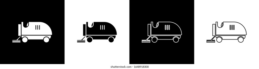 Set Ice resurfacer icon isolated on black and white background. Ice resurfacing machine on rink. Cleaner for ice rink and stadium.  Vector Illustration