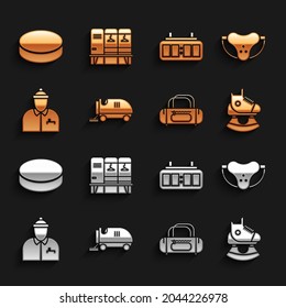 Set Ice resurfacer, Protective sport jockstrap, Skates, Sport bag, Hockey coach, mechanical scoreboard, puck and Locker changing room icon. Vector