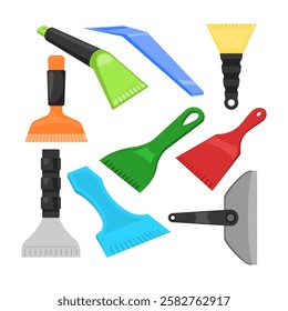 Set of ice scraper collection cartoon, ice scraper different shapes and sizes for removing ice from a windshield on a car in winter, isolated on white background, flat vector illustration.