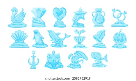 Set of ice sculpture collection icon cartoon, glass blue statues of swan, diamond, heart, star, vase, rings, penguin, bell, shell, anchor, castle, dragon and fish. Isolated on white background.