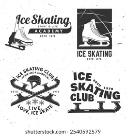 Set Eiskunstlauf-Club, Akademie-Logo, Badge-Design. Konzept für Hemd oder Logo, Print, Stempel oder T-Shirt mit Rollschuh, Rollschuhklingen und Helm . Wintersport. Vektorgrafik.