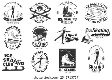 Set of Ice Skate club, academy logo, badge design. Concept for shirt or logo, print, stamp or tee with skate, skates blades and helmet . Winter sport. Vector illustration.