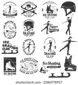 Set of Ice Skate club, academy logo, badge design. Concept for shirt or logo, print, stamp or tee with skate, skates blades and helmet . Winter sport. Vector illustration.