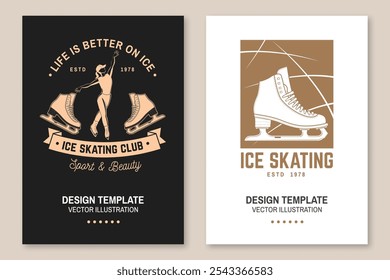 Set of Ice Skate club flyer, poster, banner. Concept for shirt or logo, print, stamp or tee with skate, skates blades and helmet . Winter sport. Vector illustration.