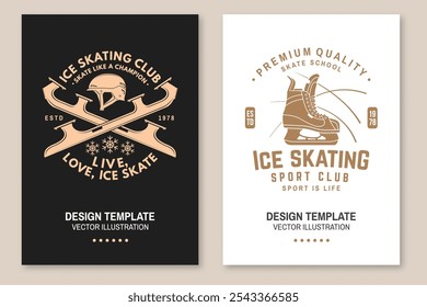 Set of Ice Skate club flyer, poster, banner. Concept for shirt or logo, print, stamp or tee with skate, skates blades and helmet . Winter sport. Vector illustration.