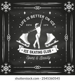 Set of Ice Skate club flyer, poster, banner on the chalkboard. Concept for shirt or logo, print, stamp or tee with skate, skates blades and helmet . Winter sport. Vector illustration.