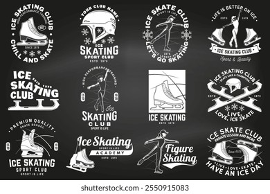 Set of Ice Skate club flyer, poster, banner on the chalkboard. Concept for shirt or logo, print, stamp or tee with skate, skates blades and helmet . Winter sport. Vector illustration.