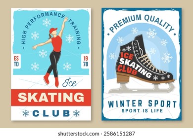 Set of Ice Skate club flyer, poster, banner design. Concept for shirt or logo, print, stamp or tee with skate, helmet, ice skater girl. Winter sport. Vector illustration.