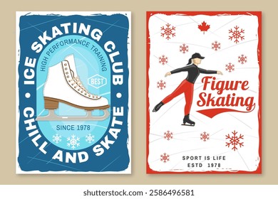 Set of Ice Skate club flyer, poster, banner design. Concept for shirt or logo, print, stamp or tee with skate, helmet, ice skater girl. Winter sport. Vector illustration.