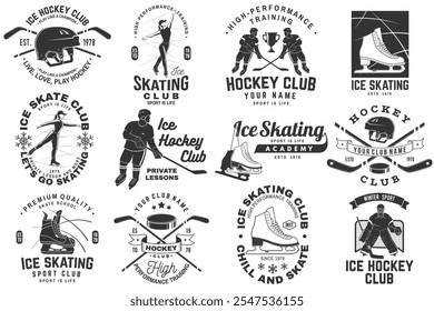 Set of Ice Skate club and Ice Hockey logo, badge design. Concept for shirt or logo, print, stamp or tee with skate, skates blades, ice hockey player, sticker, puck and helmet . Winter sport. Vector