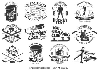 Set of Ice Skate club and Ice Hockey logo, badge design. Concept for shirt or logo, print, stamp or tee with skate, skates blades, ice hockey player, sticker, puck and helmet . Winter sport. Vector