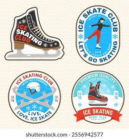 Set of Ice Skate club logo, badge, patch design. Concept for shirt or logo, print, stamp or tee with skate, helmet, ice skater girl. Winter sport. Vector illustration.