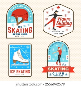 Set of Ice Skate club logo, badge, patch design. Concept for shirt or logo, print, stamp or tee with skate, helmet, ice skater girl. Winter sport. Vector illustration.