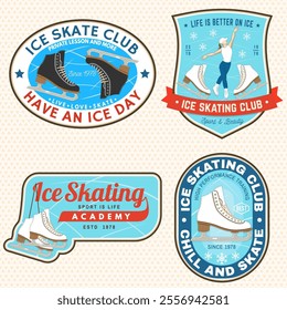 Set of Ice Skate club logo, badge, patch design. Concept for shirt or logo, print, stamp or tee with skate, helmet, ice skater girl. Winter sport. Vector illustration.