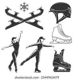 Conjunto de icono monocromático de patín de hielo. Conjunto incluye patines de hielo, patines, hojas, casco, patinadores de figura silueta. Deporte de invierno. Ilustración vectorial.