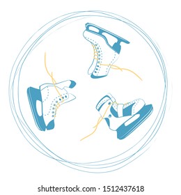 set of ice skates with bright laces in a rut circle. Ice rink symbol. Sport equipment logo in scratched lines. Vector Illustration isolated on white back
