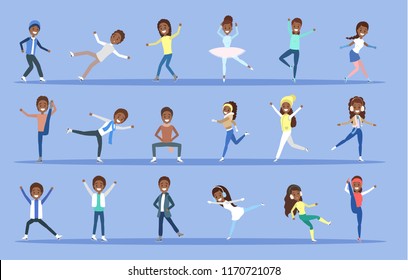 Set of ice skating african american people in different poses. Winter activity and professional sport. Flat vector illustration