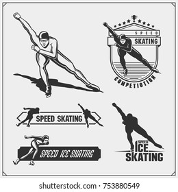 Set of ice skating labels, emblems and design elements. Vector illustration.