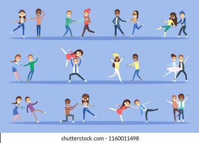 Set of ice skating people. Cute couples skate together. Winter activity and professional sport. Flat vector illustration