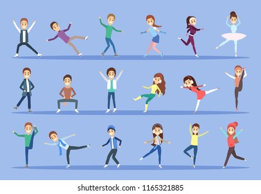Set of ice skating people in different poses. Winter activity and professional sport. Flat vector illustration