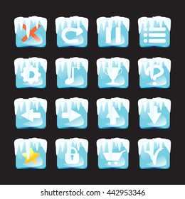 Set Of Ice And Snow Icons Isolated On Black Background For Game. Mobile App Vector Elements Template.