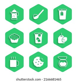Set Ice tea, Cookie or biscuit, Teapot, bag with lemon, Cup of, Muffin,  and French press icon. Vector