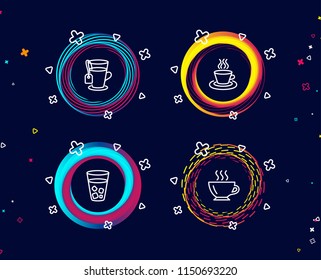 Set of Ice tea, Tea cup and Coffee icons. Soda beverage, Coffee mug, Glass mug. Cappuccino.  Circle banners with line icons. Gradient colors shapes. Vector