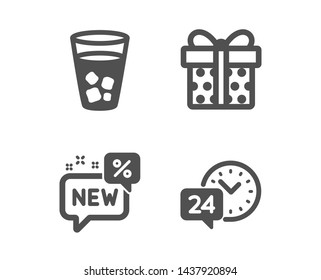 Set of Ice tea, Gift box and New icons. 24h service sign. Soda beverage, Present package, Discount. Call support.  Classic design ice tea icon. Flat design. Vector