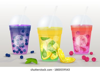 Set of ice tea. Glasses of fresh fruit juices, smoothies, iced tea with mint. Vector illustration