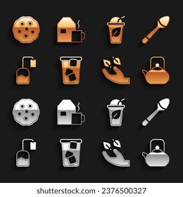 Set Ice tea, Teaspoon, Kettle with handle, leaf in, bag, Cup of, Cookie or biscuit and milk icon. Vector