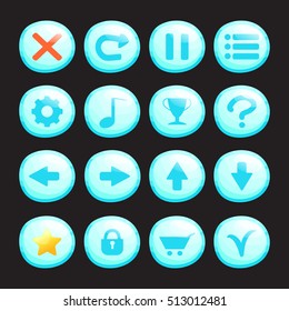 Set of ice or water round icons isolated on black background for game. Mobile app vector elements template.