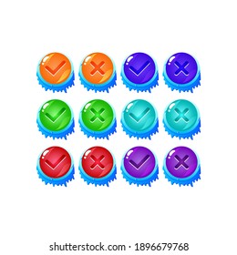 set of ice winter jelly game ui button yes and no check marks for gui asset elements vector illustration