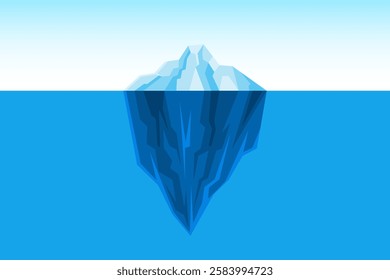 Set of iceberg background, Iceberg floating on sea ocean water, glacier tip and underwater part, large ice rock mountain geometric polygon style for iceberg underwater background template.