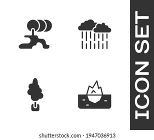 Set Iceberg, Barrel oil leak, Tree and Cloud with rain icon. Vector