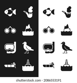 Set Iceberg, Binoculars, Fish, Smoking pipe, Diving mask and snorkel, Bird seagull, Floating buoy and Inflatable boat with motor icon. Vector