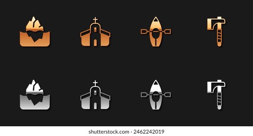 Set Iceberg, Church building, Kayak and paddle and Wooden axe icon. Vector