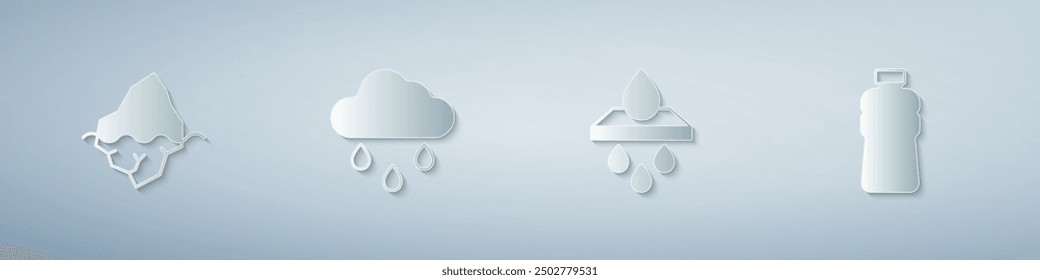 Set Iceberg, Cloud with rain, Water filter cartridge and Bottle of water. Paper art style. Vector