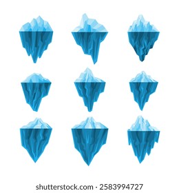 Set of iceberg collection, Iceberg floating on sea ocean water, glacier tip and underwater part, large ice rock mountain geometric polygon style for iceberg underwater background template.