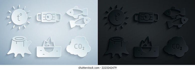 Set Iceberg, Dead fish, Tree stump, CO2 emissions in cloud, Medical protective mask and Sun icon. Vector