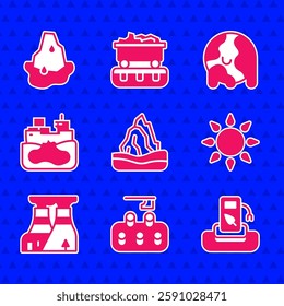 Set Iceberg, Deforestation, Petrol gas, Sun, Nuclear power plant, Wrecked oil tanker ship, Global warming and Glacier melting icon. Vector