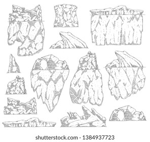 Set of iceberg different shapes sketch outline style, vector illustration isolated on white background. Collection of natural ice mountains, top and underwater part of glacier