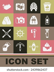 Set Iceberg, Flashlight, Bottle of vodka, Fish steak, Photo camera, Mountains, Map Iceland and Walrus animal icon. Vector