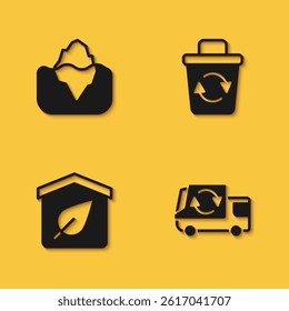 Set Iceberg, Garbage truck, Eco friendly house and Recycle bin icon with long shadow. Vector