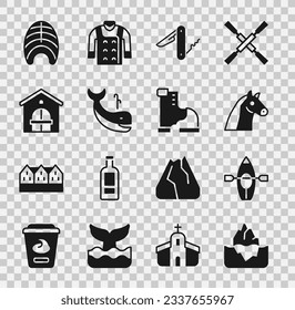 Set Iceberg, Kayak and paddle, Horse, Swiss army knife, Whale, Farm house, Fish steak and Winter warm boot icon. Vector