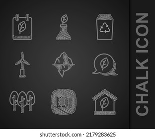 Set Iceberg, Leaf Eco symbol, friendly house, Tree, Wind turbine, Recycle and Calendar with autumn leaves icon. Vector