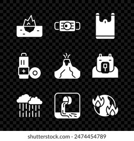 Set Iceberg, Medical protective mask, Plastic bag, Cloud with rain, Wastewater, Global warming fire, Battery and Volcano eruption lava icon. Vector