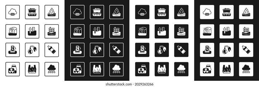 Set Iceberg, Rise in water level, Glacier melting, CO2 emissions cloud, House flood, Coal train wagon, Bottle of and Petrol or gas station icon. Vector