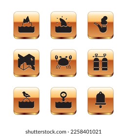Set Iceberg, Seagull sits on a buoy, Periscope, Crab, Pirate treasure map, Smoking pipe, Ship bell and Shark fin ocean wave icon. Vector