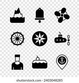 Set Iceberg, Ship bell, Boat propeller, Sailor captain, Submarine, Location with anchor, steering wheel and Wind rose icon. Vector